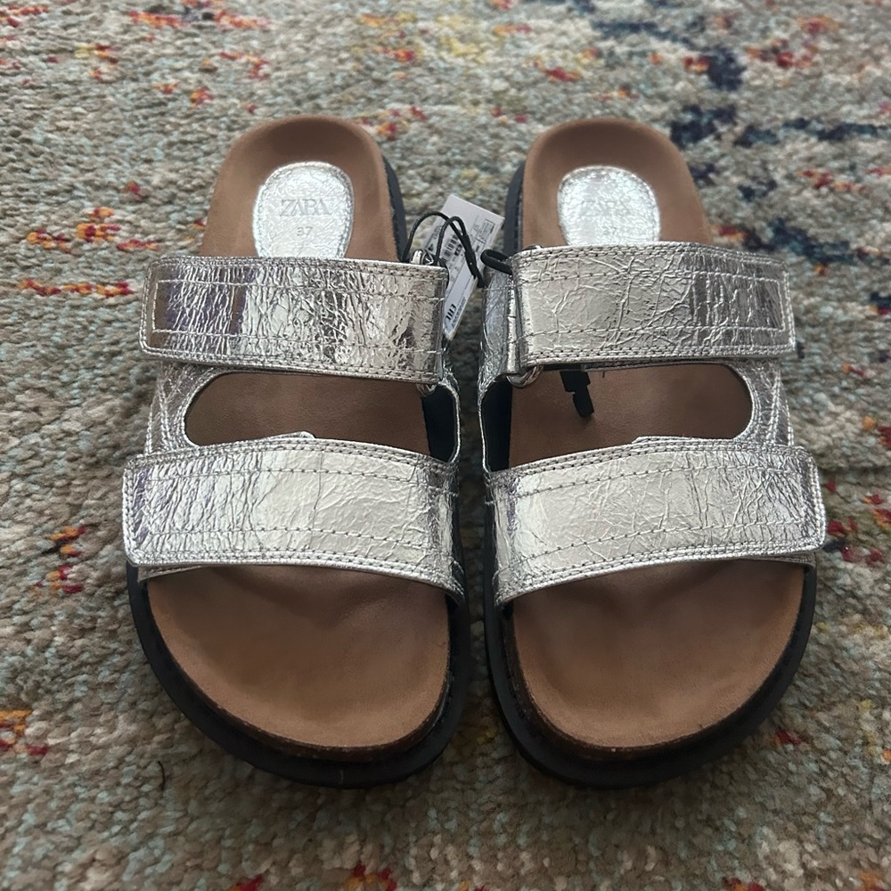 NWT Zara Metallic Flat Sandals